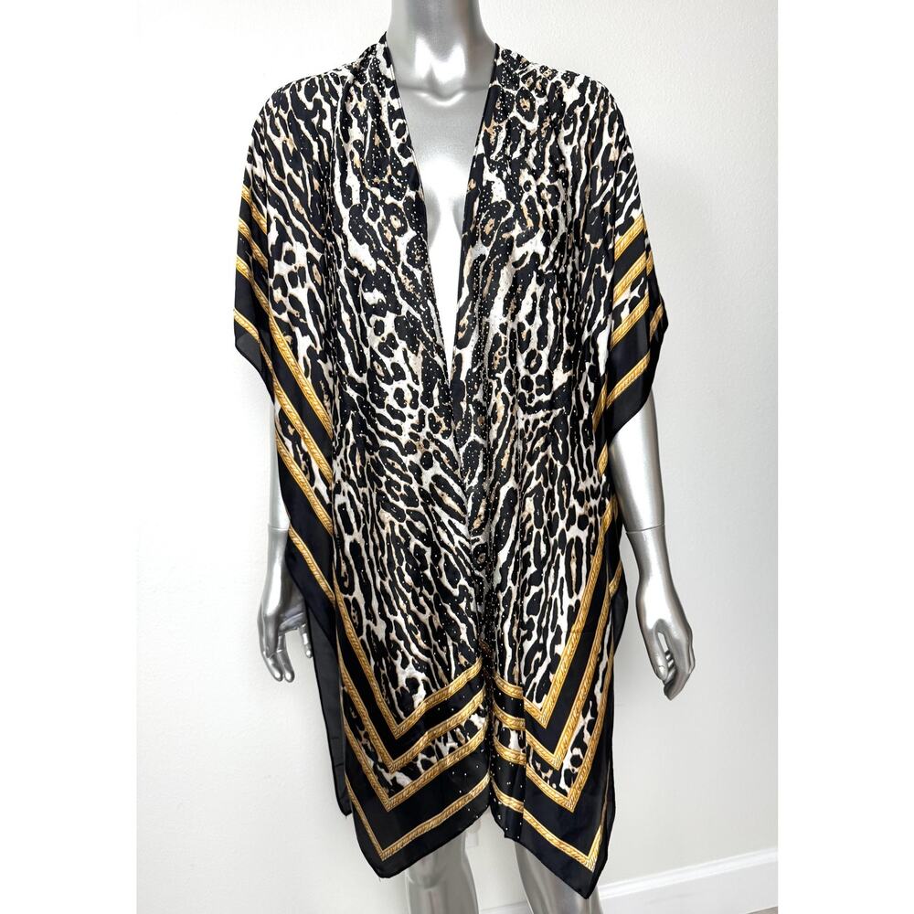 Animal Print Kimono Cover Up Womens One Size Resort Black Rhinestone Pool Beach